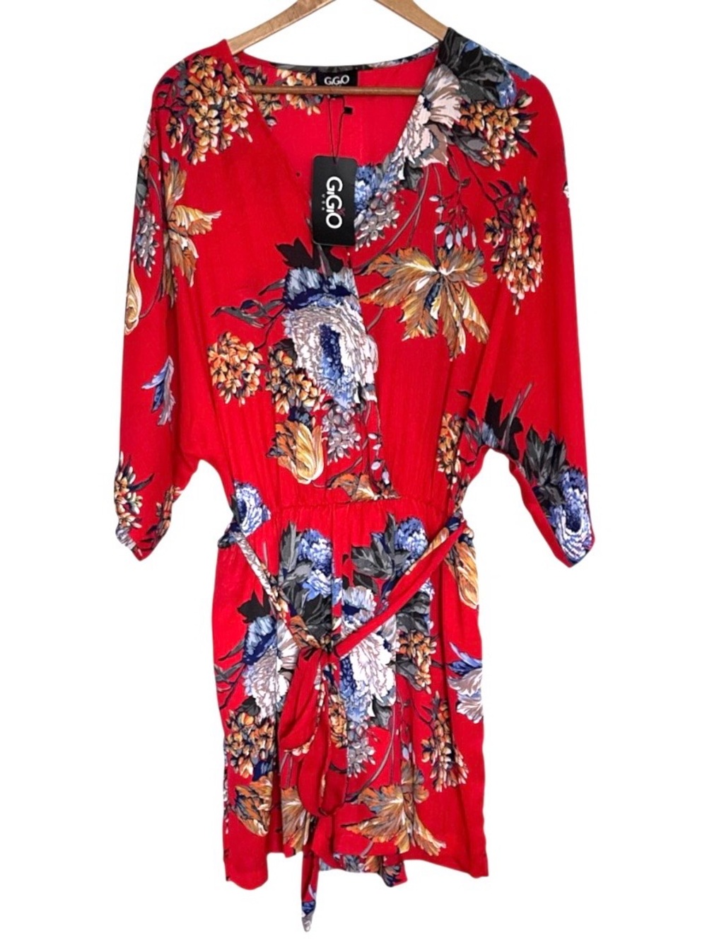 NWT GiGIO Romper Women’s Large Red Floral Print Belted Lightweight Jumpsuit